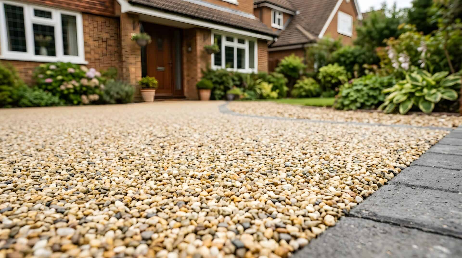 Close-up of a permeable resin driveway surface. Ideal for showcasing sustainable drainage solutions and eco-friendly landscaping.